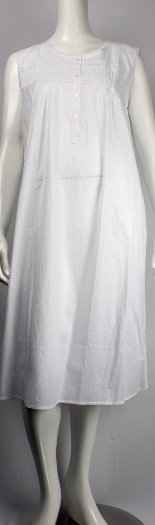 Cotton sleeveless 3/4 length nightie w round neck,lace,pintucks and button neck Style: AL/ND-194WHT image 0